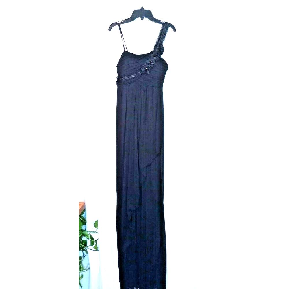 City Triangles Sexy One Shoulder Flowers Long Black Dress Side Gathered Medium